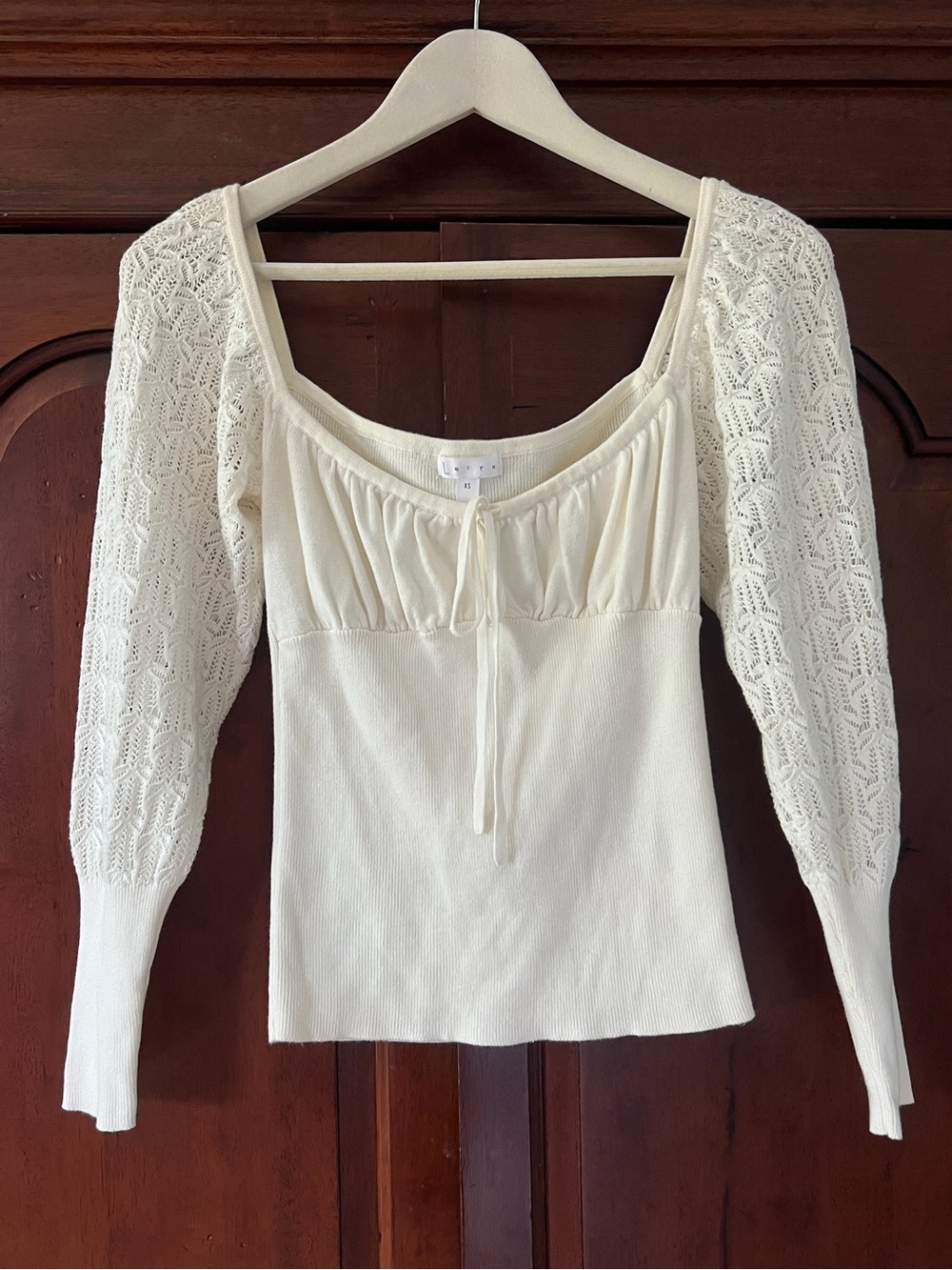 Leith Cream Square-Neck Knit Top with Lace Sleeves